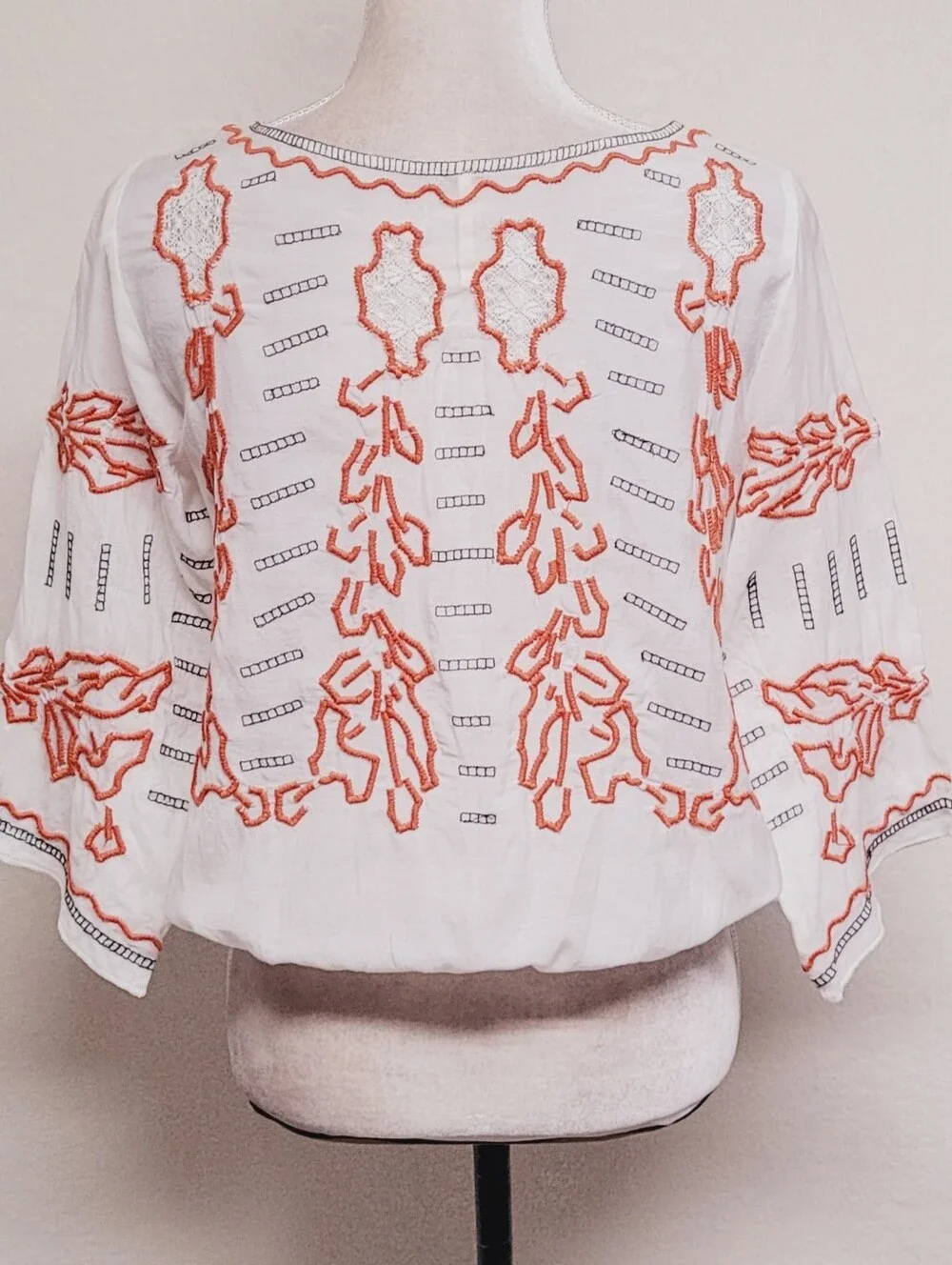 Free People White Burnt Orange Floral Flared Quarter Sleeve Blousen Top XS